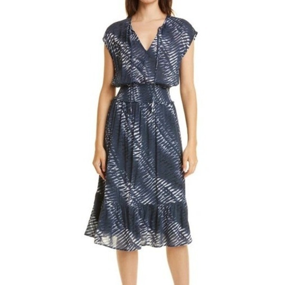 Rails Ashlyn Blue Nile Midi Dress Tie Neck Smocked Waist Rayon Large